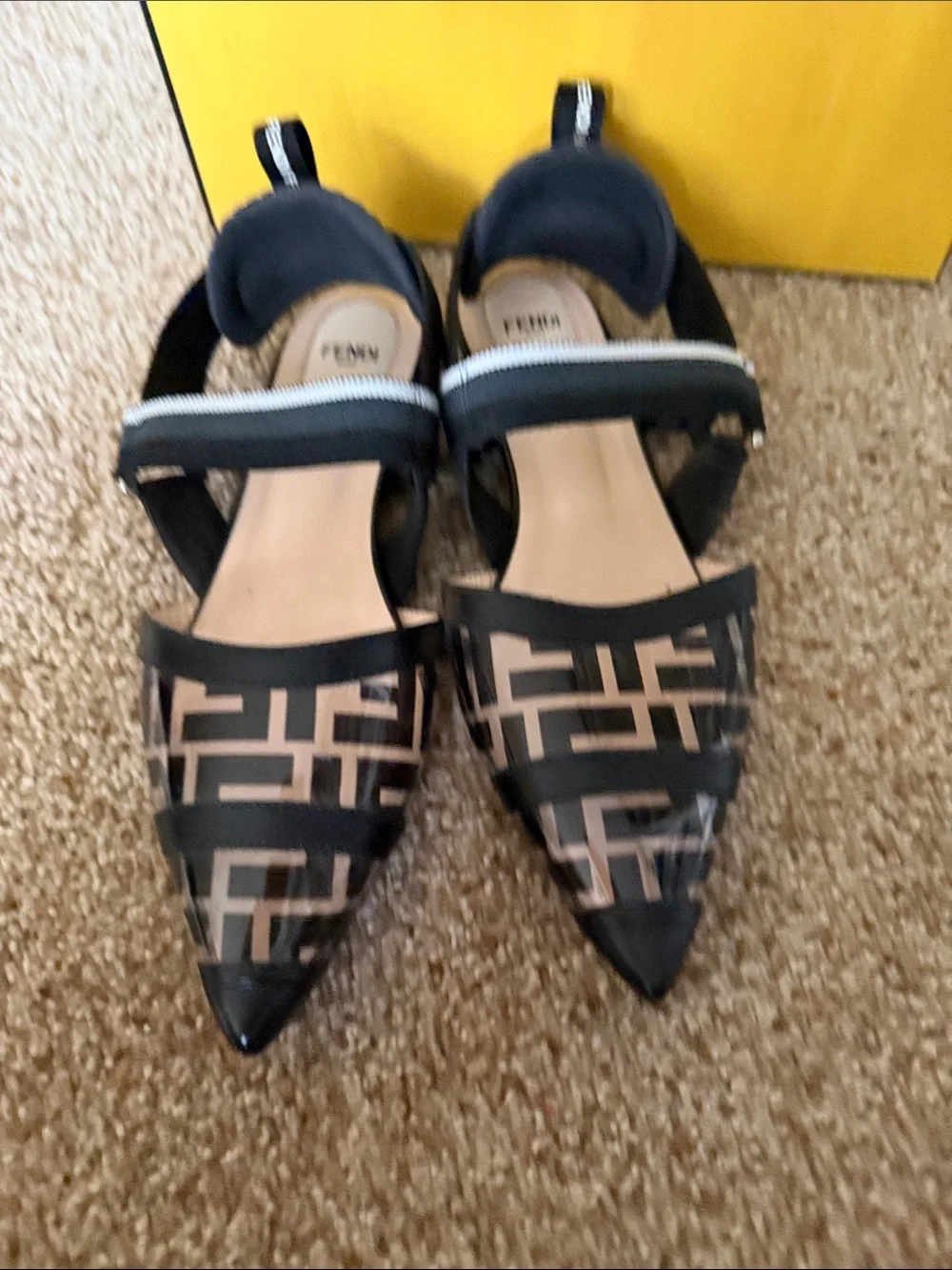 Fendi Black and Tan Logo Pointed Slingback Flats